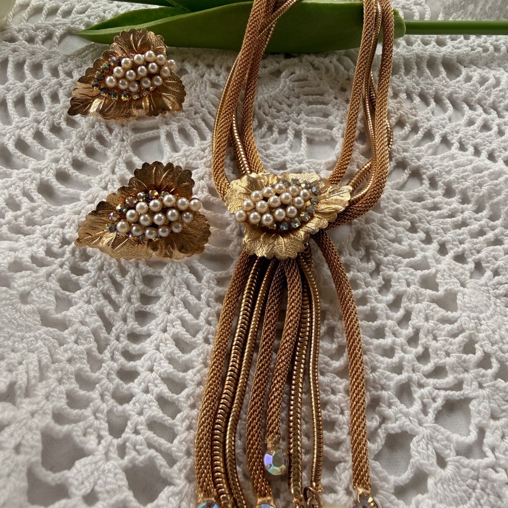Gold-Tone Pearl Leaf Statement Necklace and Earring Set